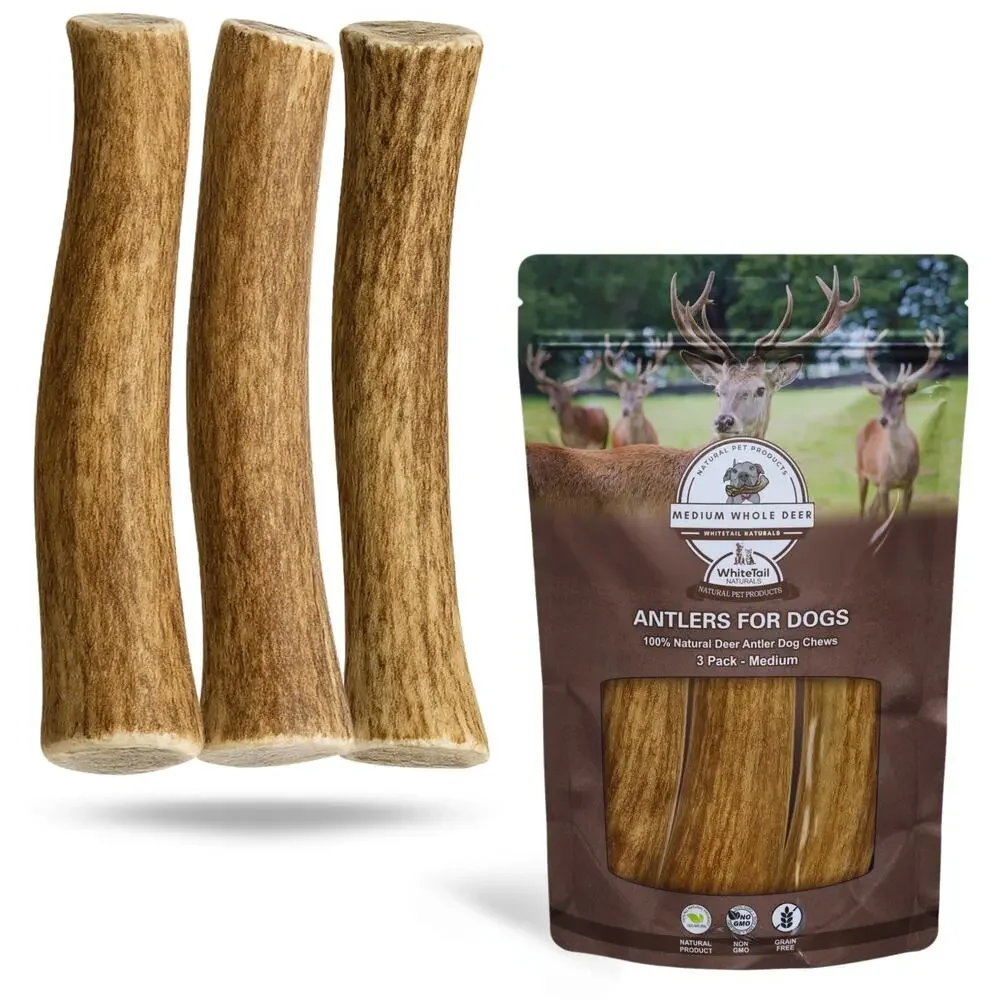 NWT WhiteTail Naturals - 3 Pack Medium Dog Chews - All Natural Antlers for Dogs